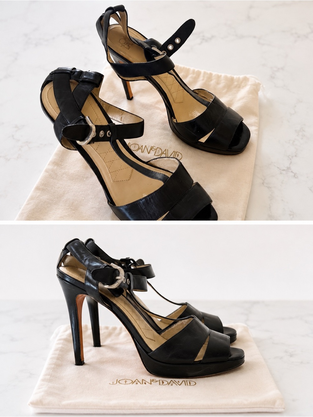 Joan & David Black Leather High-Heel T-Strap Sandals - W11